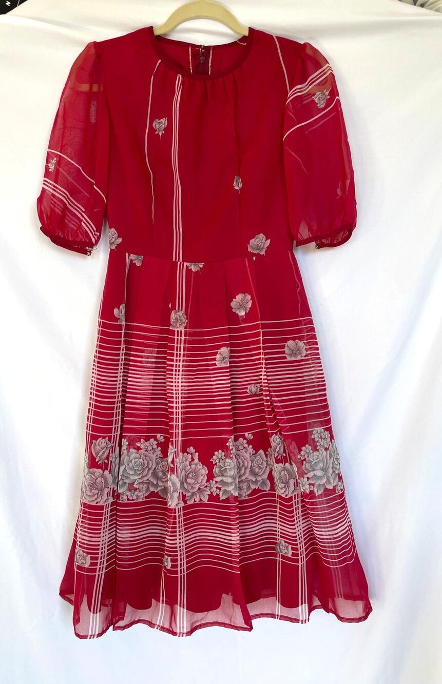 Vintage Retro 70s 80s Gauzy Red Floral Stripe Dress, XS